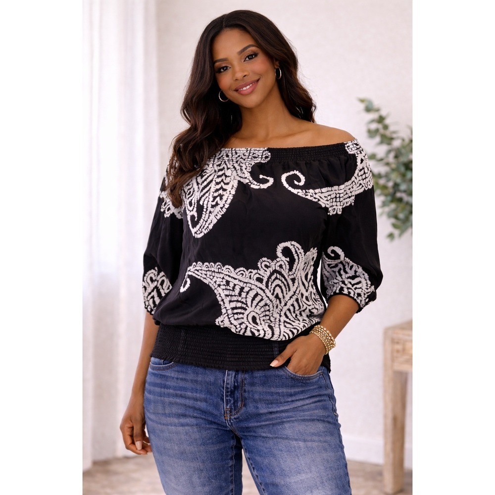 White House Black Market- Black and White Silk Blouse Size XS